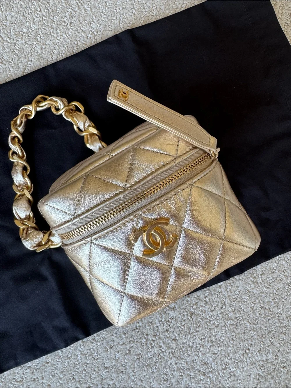 CHANEL Metallic Gold Quilted Mini Cube Vanity Bag with CC Logo, 22C collection